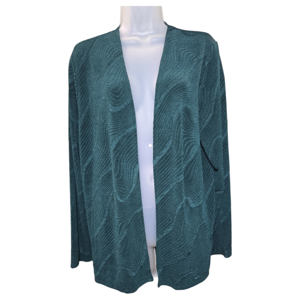 Chicos Travelers Wom 2 Large Green Swirl Open Front Lightweight Jacket Jacquard